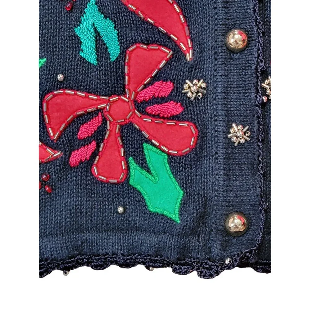 Arriviste Womens Christmas Cardigan Sweater XL Black Button Front Holiday Bows - Picture 2 of 5